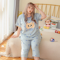 Fat girl 2-300 pounds plus fat plus size loose pajamas womens short-sleeved T-shirt three-quarter pants pullover home wear set trendy