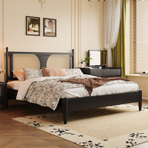 Retro solid wood bed with rattan backrest 1 8 meters mid-century style double bed master bedroom wedding bed 1 5 meters small apartment single bed