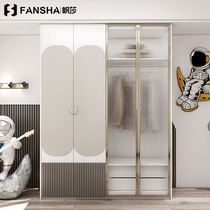 Childrens wardrobe solid wood boy light luxury cabinet modern minimalist home bedroom Mediterranean wardrobe glass door