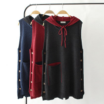 New spring fashion mid-length hooded knitted vest plus size womens side button pullover sweater vest 42