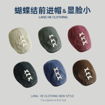 Handmade diy bow forward hat womens washed old newsboy hat Japanese sweet reverse wearing beret to show small face