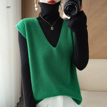 New high-quality wool blended 2024 spring new womens loose v-neck short solid color pullover knitted waistcoat