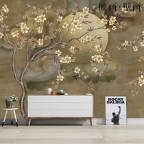 Chinese hand-painted art retro magnolia flowers clouds wallpaper living room TV background wallpaper seamless mural wall covering