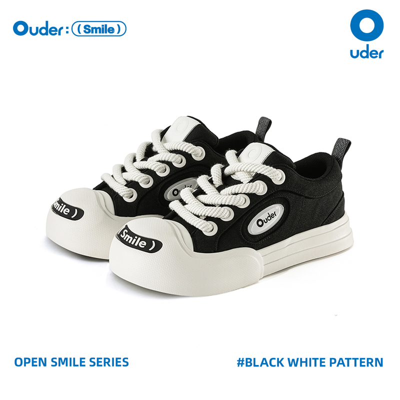 White Deer Same Style Ouder Open Smile Canvas Shoes for Men and Women, Thick-Soled Height-Increasing Black and White Couple's Big-Toe Shoes