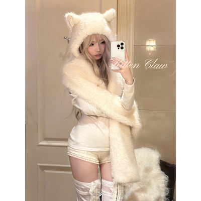KittenClaw Soft Fog cat Furry cat hooded lace Cat ear scarf Hooded scarf Fleece cap