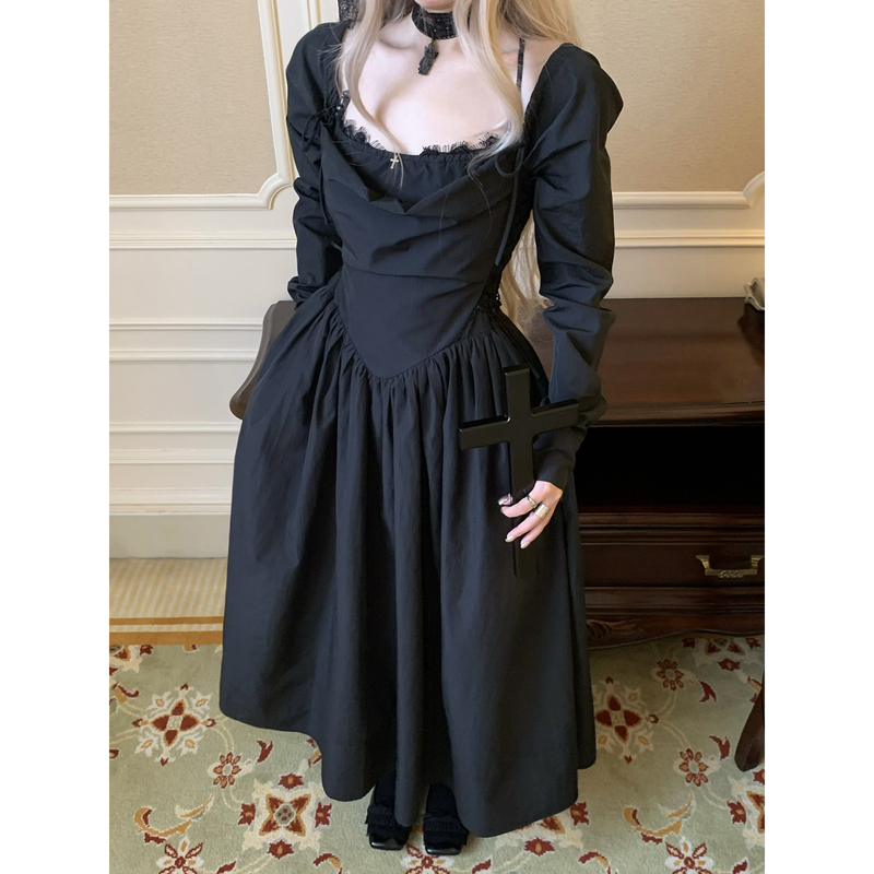 Kittenclaw Night Melody Prelude Light and Elegant Off-Shoulder Long Sleeve Waist-Cinching Dress Long Skirt