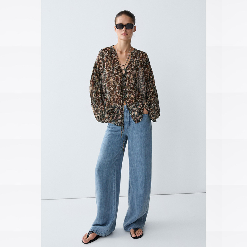 Md Summer New Women's Clothing Retro Casual Style Black Printed Elegant Long-Sleeved Shirt Top 05158504800