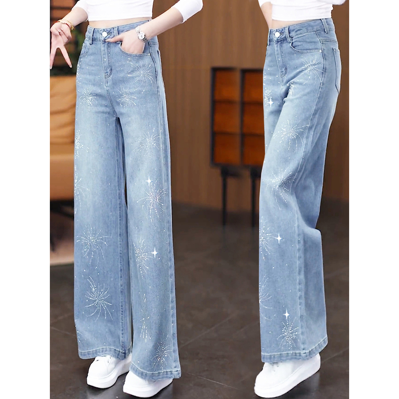 Rhinestone Light-Colored Wide-Leg Jeans for Women 2026 New Slim Straight-Leg Petite Cropped High-Waisted Rhinestone Pants for Summer