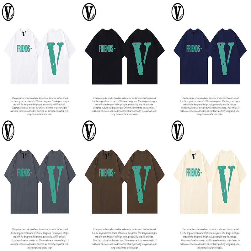 New Product Vlone Orval Solid Color Letter V Loose Short-Sleeve Drop-Shoulder Unisex Couple T-Shirt Street Fashion Brand Summer
