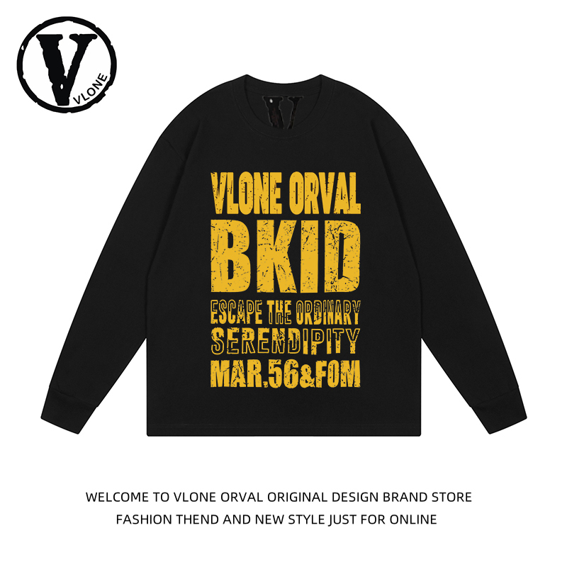Vlone Orval Large Logo Distressed Long-Sleeve T-Shirt for Men and Women, Spring and Autumn American-Style Sports Loose Couple Tops
