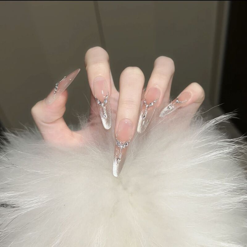High-End Cat-Eye Atmosphere French Light Luxury Gradient Dazzling Handmade Brightening Temperament Nail Art Wearable Nails Detachable
