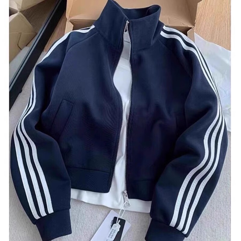 Dark Blue Three-Stripe Stand Collar Sweatshirt for Women 2026 Spring New Loose Casual Baseball Jacket Cardigan Short Coat