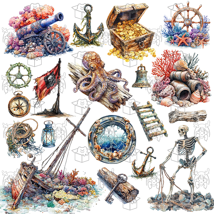 Vintage Ocean Navigation Shipwreck Treasure Chest Octopus Coral Driftwood Journal Poster Collage Illustration Png Design Material
