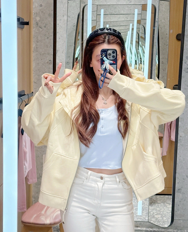 Lu Same Style Autumn and Winter Short Full-Zip Hooded Sweatshirt Fleece-Lined Jacket for Women Loose Casual Versatile Sports Top