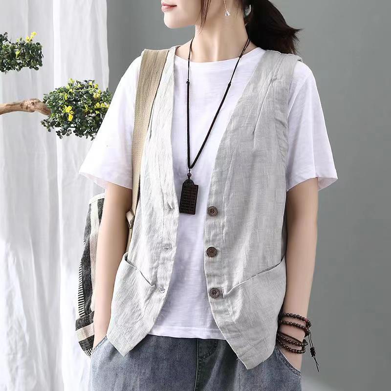 Cotton and Linen Retro Vest for Women 2025 Spring and Summer Loose Versatile Sleeveless Vest Chinese Style Casual Cardigan Short Jacket