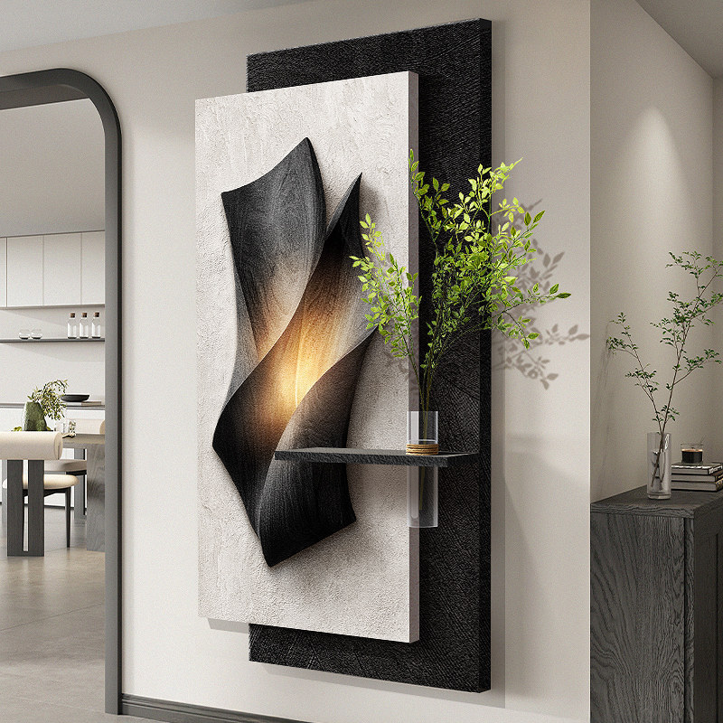 3D Abstract Decorative Painting for Entrance Hall with Hydroponic Green Plants, Corridor Wall Art, Relief Sandstone Mural with Lights