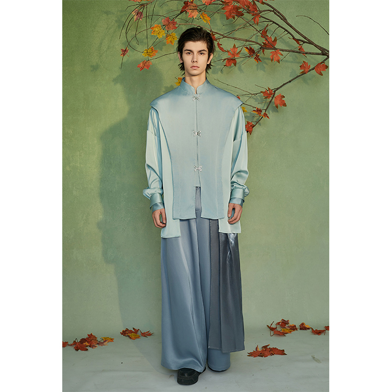 Jiechi'Canghai Weiyang' High-End Casual Loose Satin Long-Sleeve Shirt for Men
