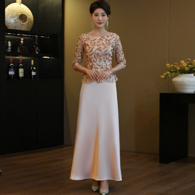 Champagne-Colored Sequin Two-Piece Dress for Mother-In-Law's Wedding Banquet, High-End Elegant Slimming Long Gown for Women Champagne-Colored Sequin Two-Piece Dress for Mother-In-Law's Wedding Banquet, High-End Elegant Slimming Long Gown for Women