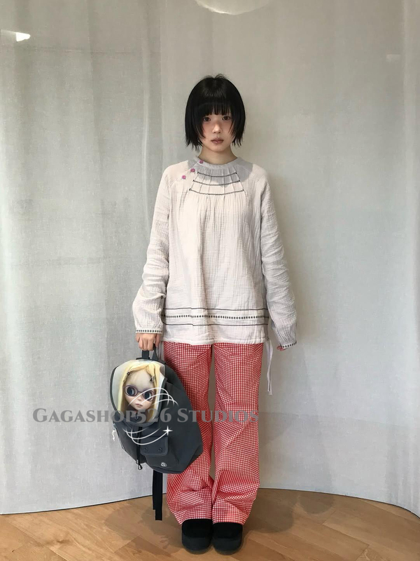 Exclusive Patterned Coy*Se Shirt, Loose Fit, Slimming, Artistic Style, Pleated Tie-Up Top, 26Ss Early Spring