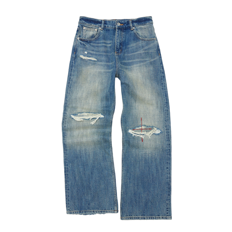 Kujoy Bamboo Embroidery Distressed Patch Selvedge Washed Blue Jeans Loose Fit Kujoy Bamboo Embroidery Distressed Patch Selvedge Washed Blue Jeans Loose Fit