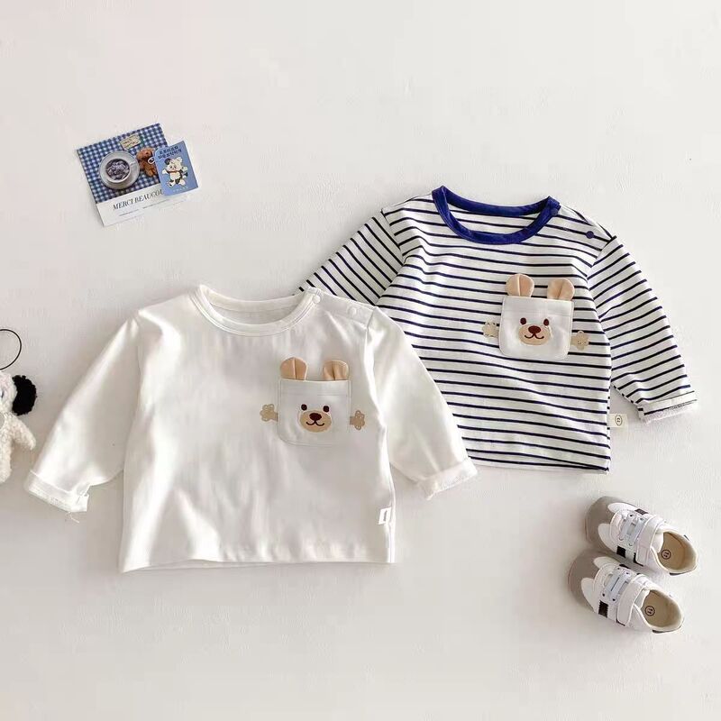 Infant and Toddler Striped Base Shirt 2026 Spring Stylish Top for Boys and Girls 3D Cartoon Long-Sleeve T-Shirt Spring Outfit