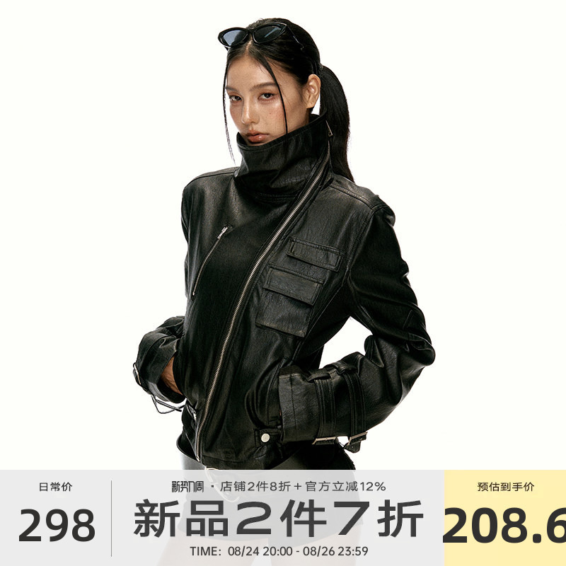 Aaisup Black Functional Style Slim-Fit Leather Jacket for Women, Early Autumn New Punk High Street Short Biker Jacket Trendy Aaisup Black Functional Style Slim-Fit Leather Jacket for Women, Early Autumn New Punk High Street Short Biker Jacket Trendy