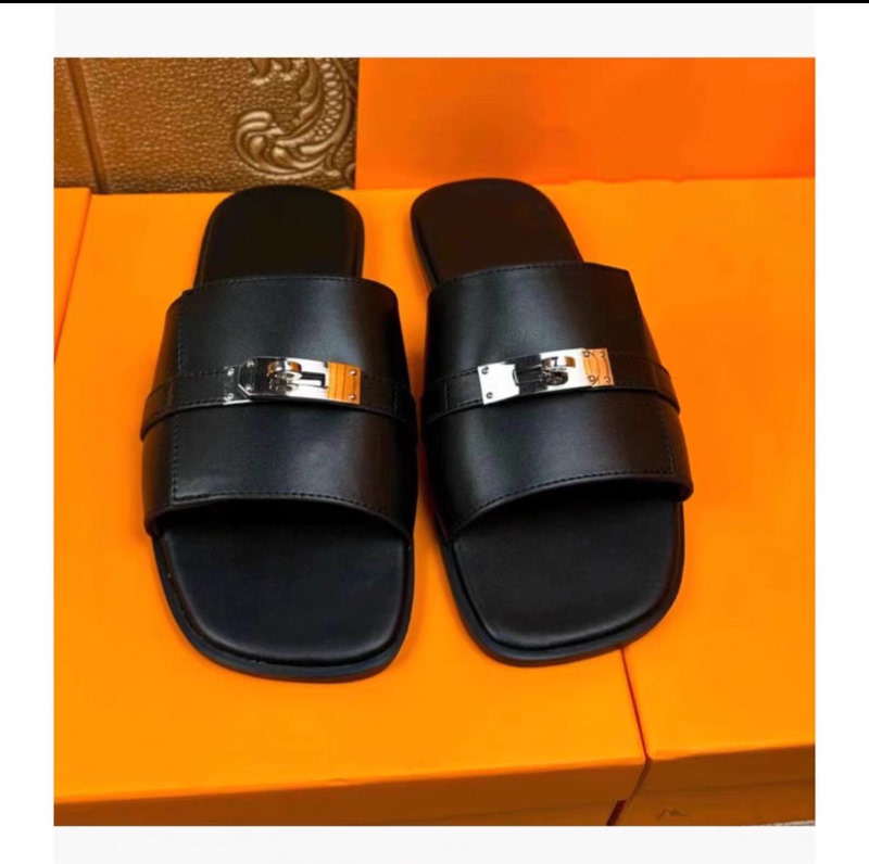 2024 Casual Genuine Leather Silver Buckle Slippers for Outdoor Spring and Summer French Style Lock Buckle Men's Flat Trendy Brand Men's Outdoor Shoes
