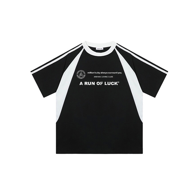 Celebrity Style a Run of Luck2026 Summer New Patchwork T-Shirt with College Style Print, Unisex Short Sleeves