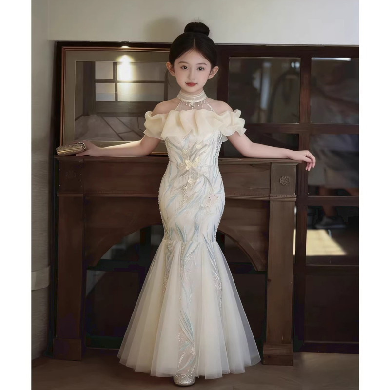 Girls' Dress, Classy and Luxurious, Niche Fishtail Birthday Party Princess Dress, Catwalk Host Performance Costume, Piano Performance