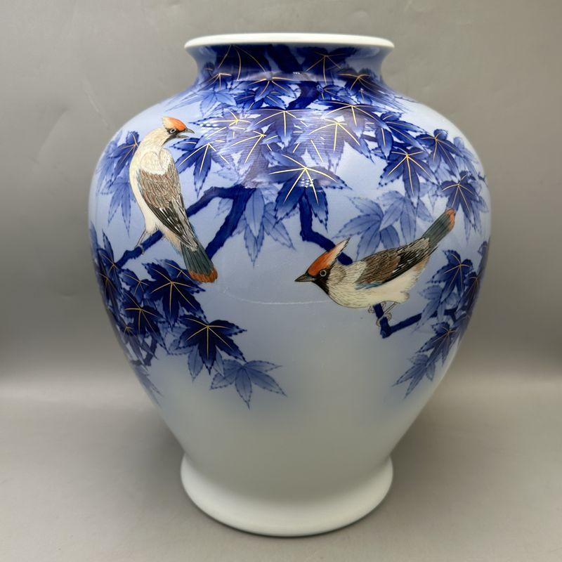 日本瓷器稀少深川制画师山口昇然手绘红叶与绯连雀金彩花瓶32cm