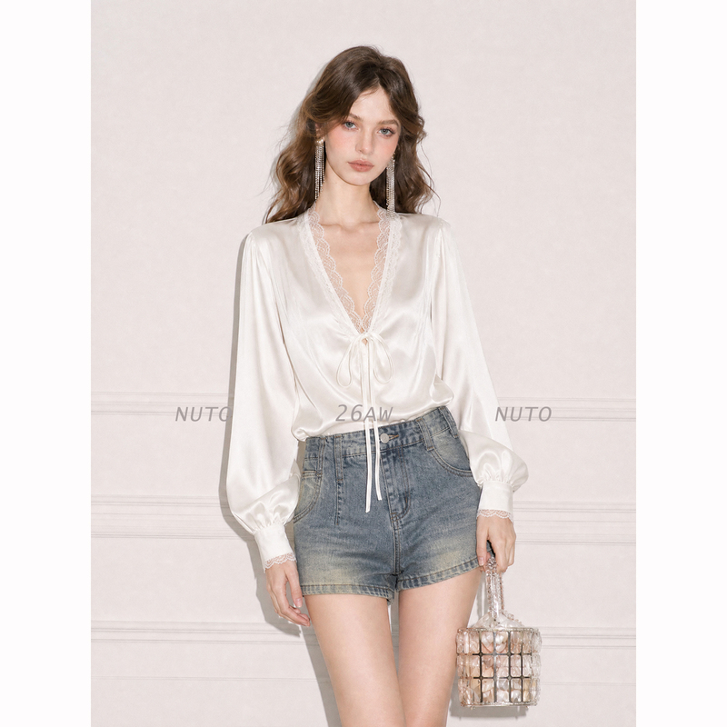 Nuto Fashionable and Elegant Lace Patchwork V Neck Loose Lace-Up Shirt with Feminine Lace Design and Relaxed Top Nuto Fashionable and Elegant Lace Patchwork V Neck Loose Lace-Up Shirt with Feminine Lace Design and Relaxed Top