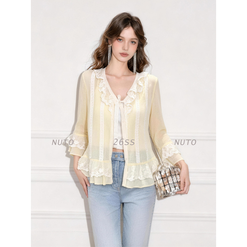 Nuto French-Style Exquisite Lace Patchwork Bell-Sleeve Tie-Up Shirt 2026 Summer New Unique and Beautiful Top