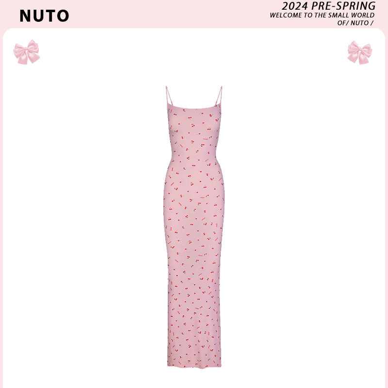 Nuto【In Stock】High-End Romantic Atmosphere Cherry Print Sexy Bodycon Slim Dress with Straps Long Dress Nuto【In Stock】High-End Romantic Atmosphere Cherry Print Sexy Bodycon Slim Dress with Straps Long Dress