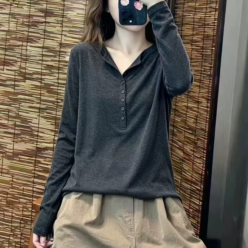 Casual, Loose-Fitting, Slimming Half-Open Collar Long-Sleeve T-Shirt for Women, Plus Size, Stylish and Versatile Top for Trendy Women
