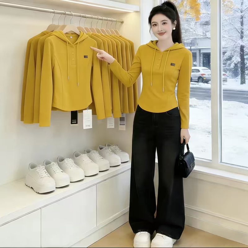 Yellow Hooded Drawstring Design Long-Sleeve T-Shirt for Women, Fashionable Versatile Casual Style, Age-Reducing Trendy Top for Petite Figures