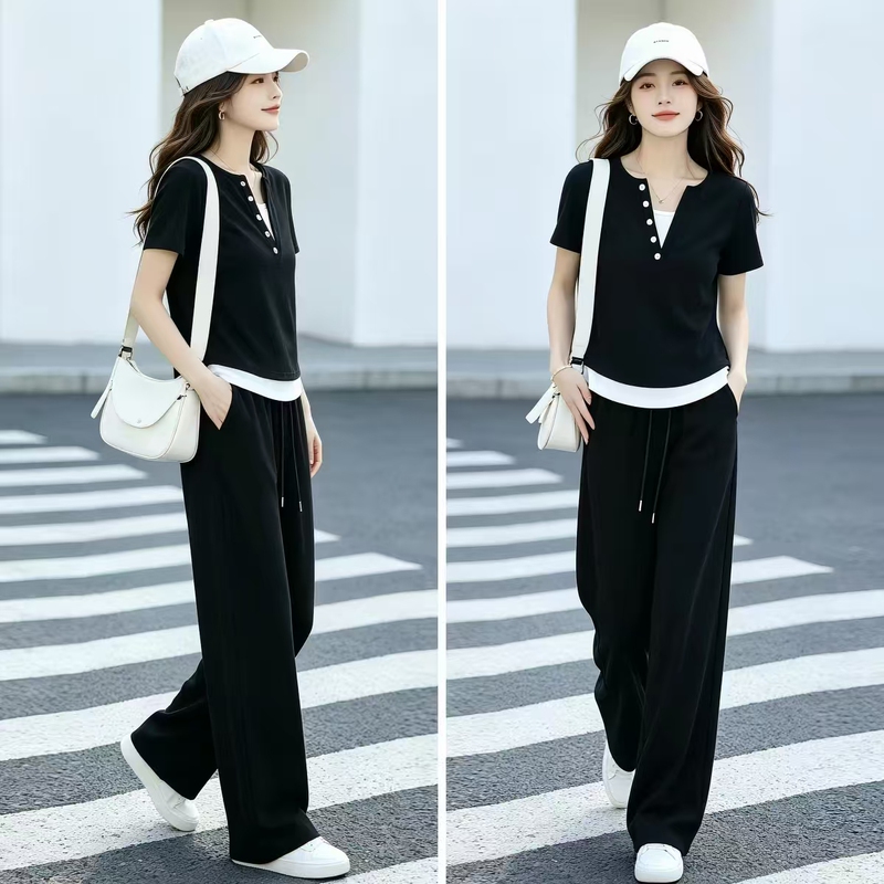 Black Two-Piece Casual Sports Suit for Women, New Summer Style, Simple, Petite, Versatile, Slimming, V-Neck, Fashionable and Stylish Black Two-Piece Casual Sports Suit for Women, New Summer Style, Simple, Petite, Versatile, Slimming, V-Neck, Fashionable and Stylish