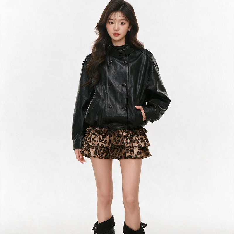 Double-Breasted Black Leather Jacket for Women, Autumn Style, Petite Stand-Up Collar Leather Jacket, Short Skirt, Korean Style Outfit Set