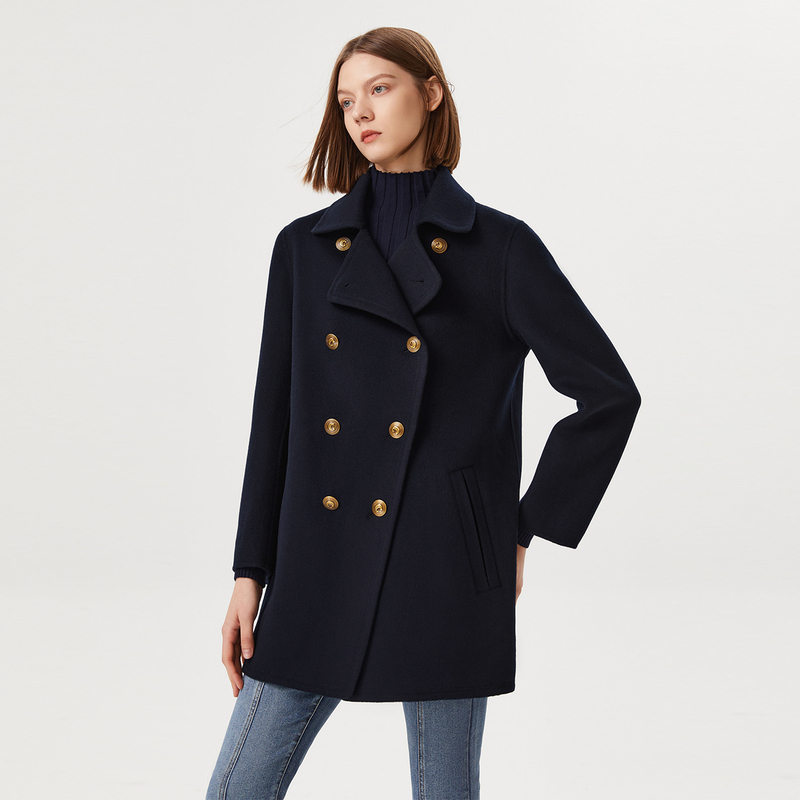 Casual Pure Wool Military-Style Woolen Coat Autumn and Winter New Double-Sided Woolen Silhouette Coat Mid-Length Black Women's