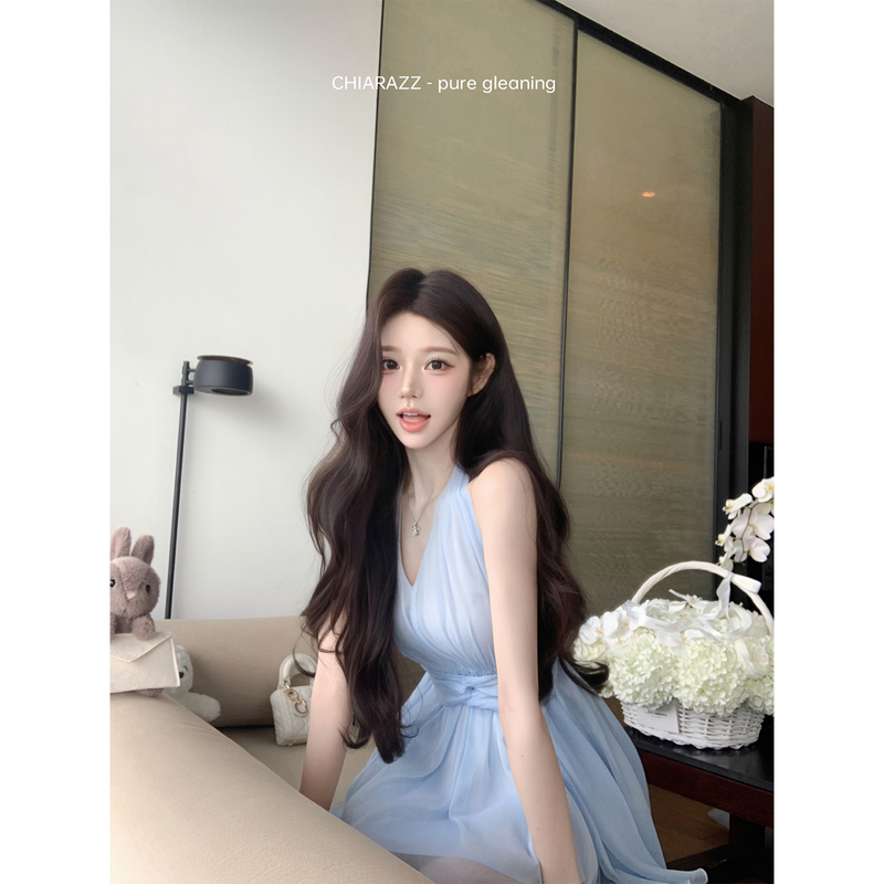 Chizhaozhao 26Ss/ Summer Rain Season, Aqua Blue Irregular French Halter Neck Dress, Waist-Cinching A-Line Short Skirt