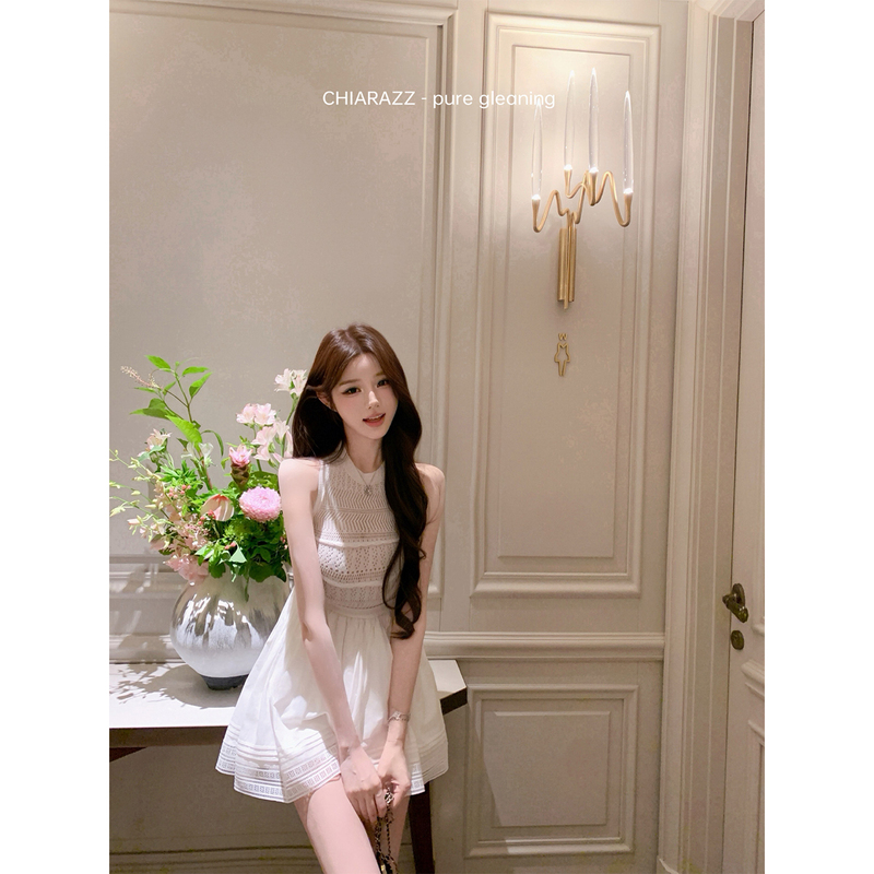 Chiarazz Old Champagne Textured Sleeveless White Knit Patchwork Sleeveless Dress Short Skirt