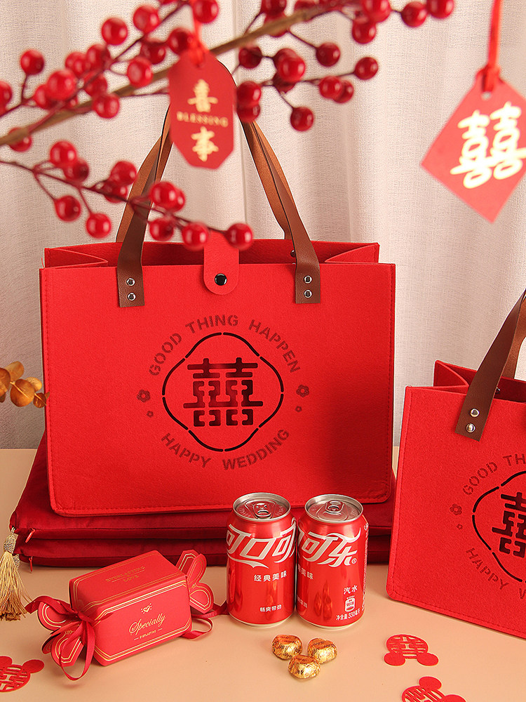 Red Gift Bag Wedding Joyful felt handbag Bride Big Wedding Bag Bridesmaid Accompanied by Festive Sugar Loaded with Red-Taobao