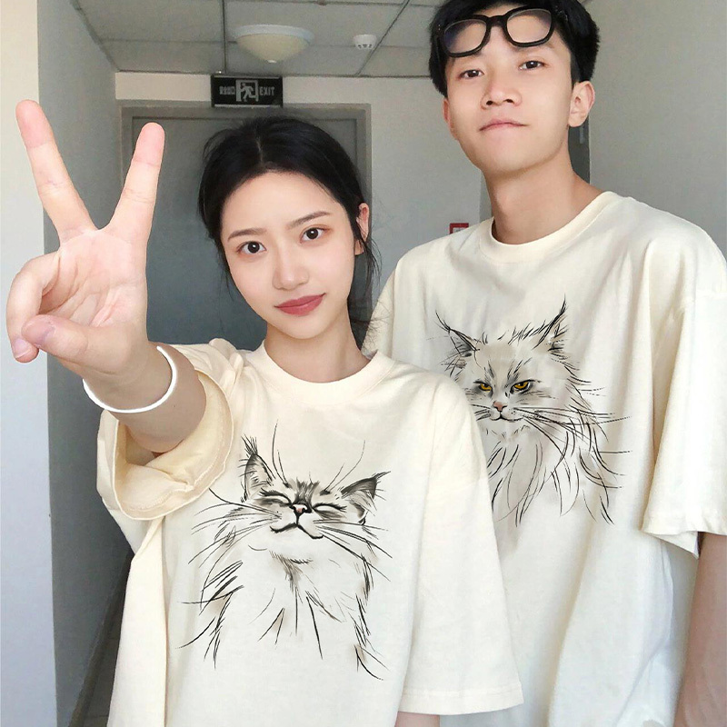 Different Couple Outfits, Pure Cotton Short-Sleeved T-Shirts, 2026 New Oversize Tops, High-End and Cute Design