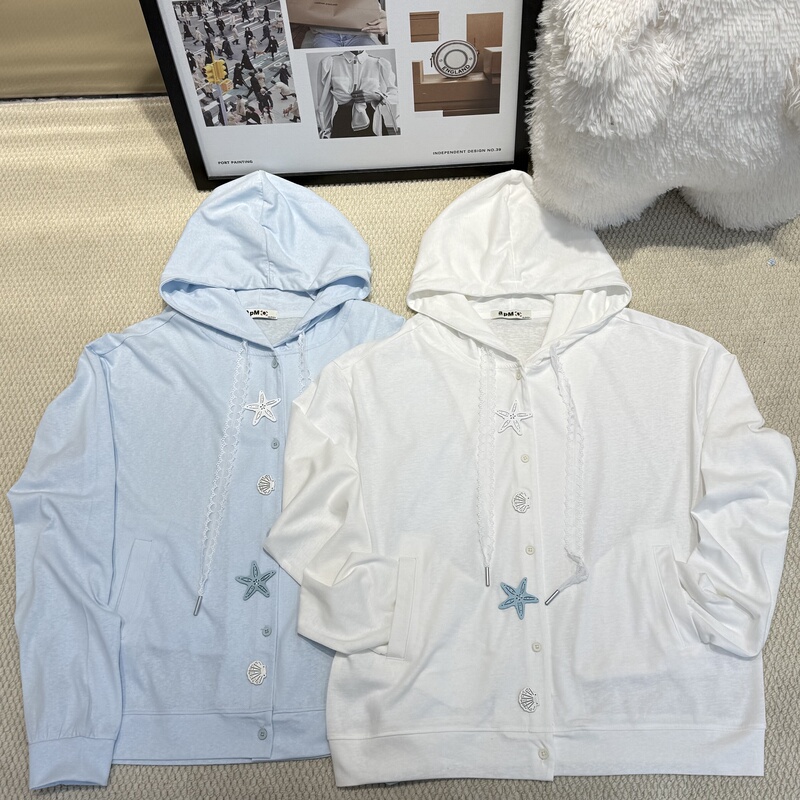 Korean Style Gentle and Popular Ocean Shell Three-Dimensional Decoration Cool and Refreshing Snowflake Cotton Hooded Sun Protection Cardigan 7195