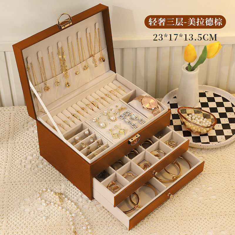 Three-layer lockable jewelry storage ring box, large-capacity jewelry box, multi-compartment storage, home organization box storage