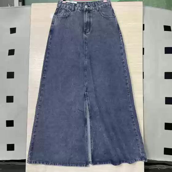 New Spring and Summer French-Style Casual Denim Skirt, Vintage Washed Slit Denim A-Line Midi Skirt, Extended Length