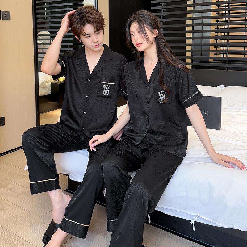 Victoria Mulberry Silk Pajamas for Men and Women, Black Couple Simple Set, Short-Sleeved Long Pants, Spring and Summer Home Wear