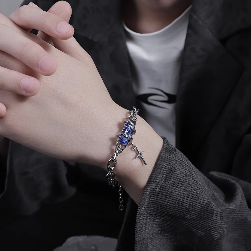 Sapphire Bracelet for Men, Light Luxury, Niche, Exquisite, High-End, Trendy Brand Men's Accessories, Titanium Steel, Men's Design Jewelry