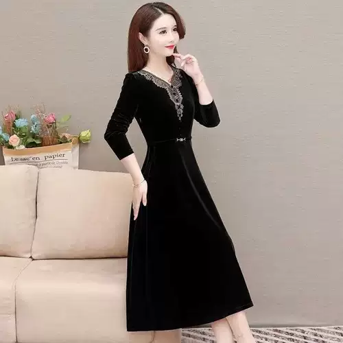 Весна и осень новая мода Lady Golden Velvet V-образное вырезок DRES