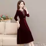 Весна и осень новая мода Lady Golden Velvet V-образное вырезок DRES