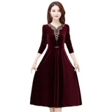 Весна и осень новая мода Lady Golden Velvet V-образное вырезок DRES